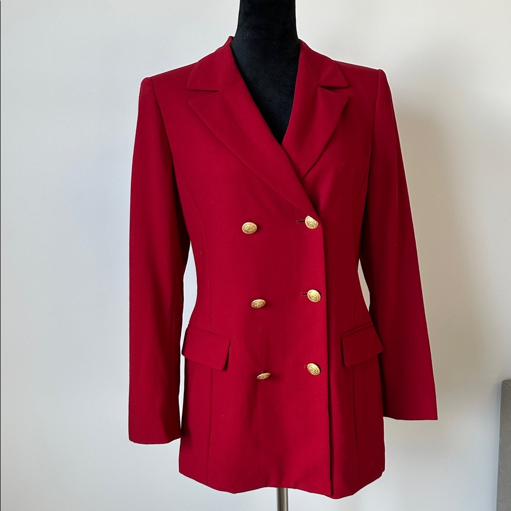 Liz Claiborne Double-Breasted Red Wool Blazer with Gold Buttons